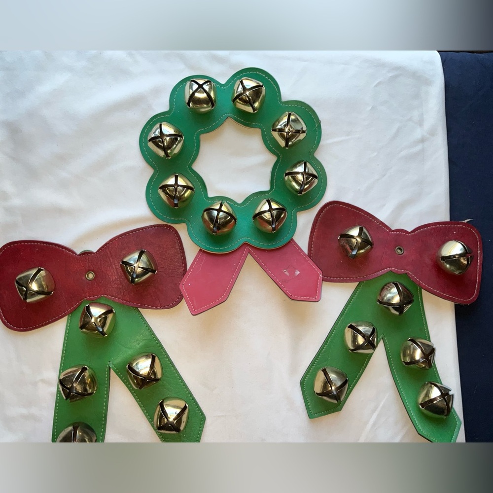 Vintage Lot of 3 Leather Red and Green Jingle Bell Door Hangers/Decor
